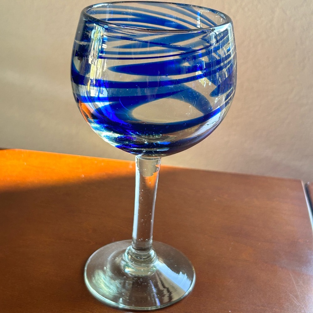 Pair of Blue Swirled Art Glass Wine Glasses, Made in Mexico
